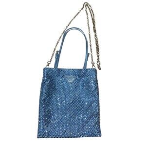 Prada Triangle Logo Plate Crystal Shoulder Bag Blue